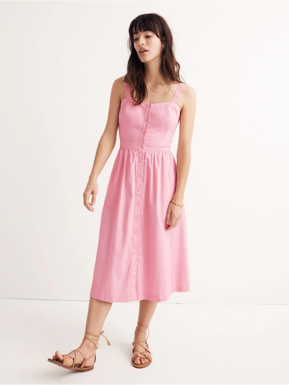 Madewell Light Pink Button-Front Midi Sun Dress Pockets Tie-Back Cotton Size 4